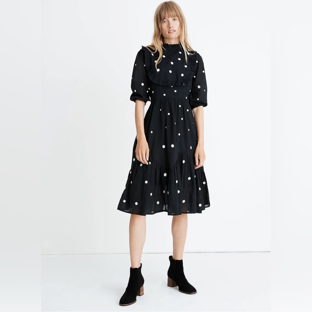 NWOT Banjanan Embroidered Sara Mini Dress, Black & White Polka Dot